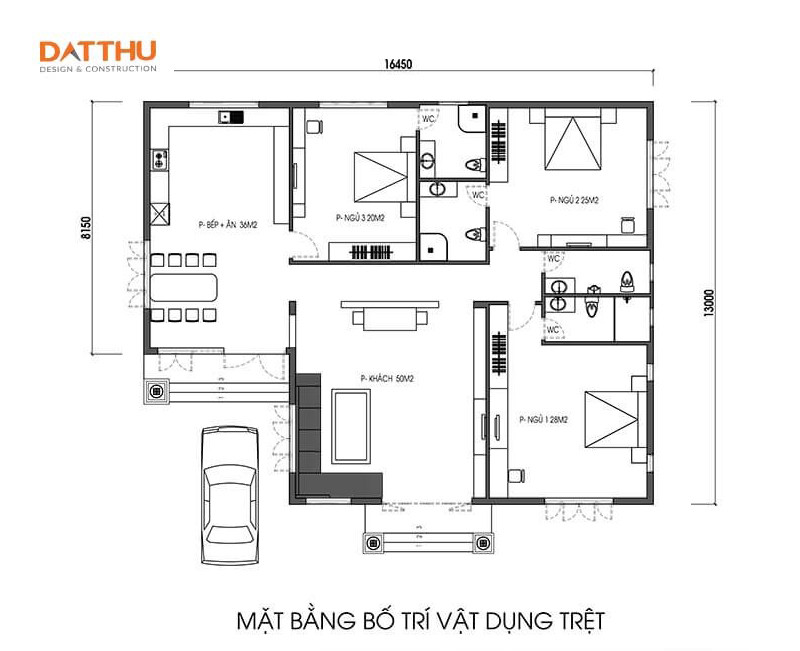 Bản vẽ nhà cấp 4 chữ l 3 phòng ngủ