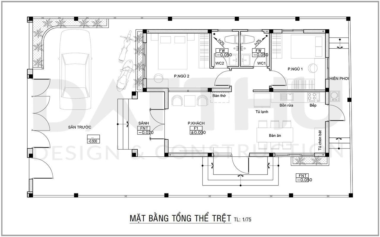 Bản vẽ nhà cấp 4 2 phòng ngủ