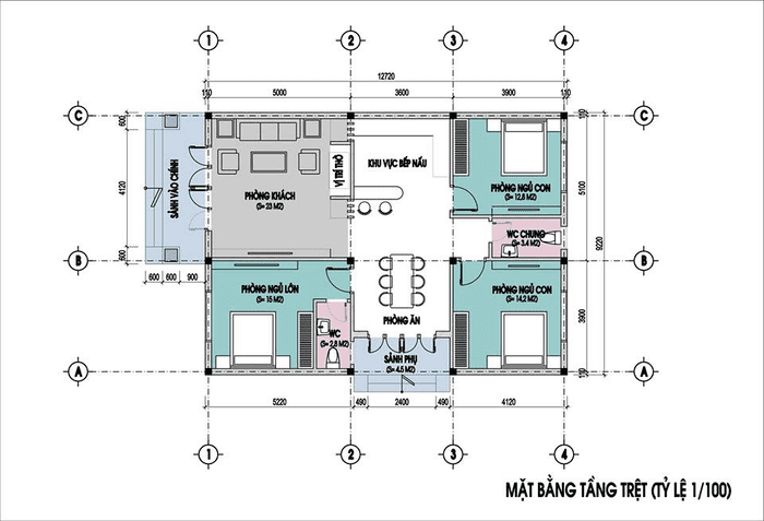 Mặt bằng tầng trệt bản vẽ chi tiết nhà cấp 4 mái thái diện tích 100m2.