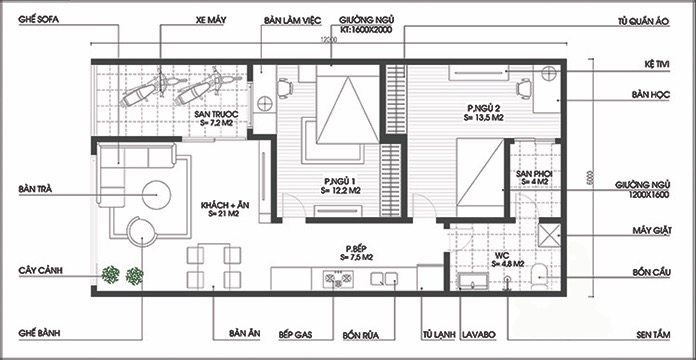 Ảnh 11: Bản vẽ nhà ống 1 tầng 6 x 12m đơn giản