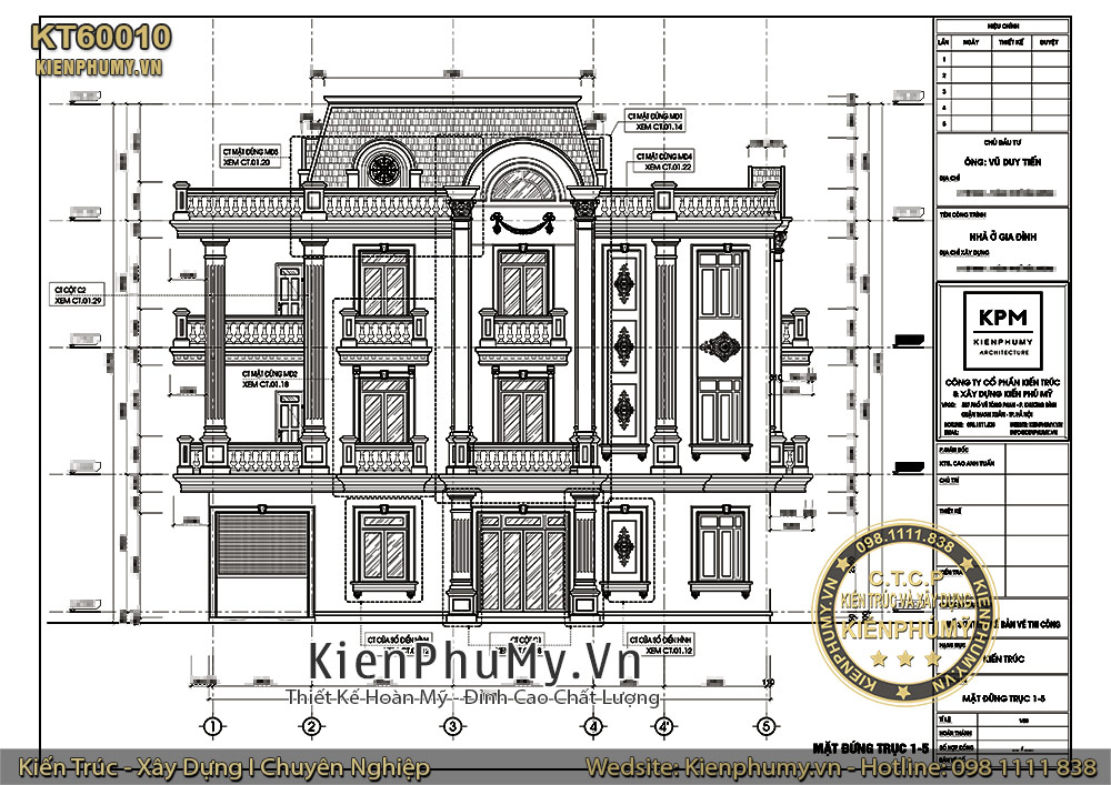 Bản vẽ chi tiết nhà lô phố cổ điển 3 tầng 2 mặt tiền