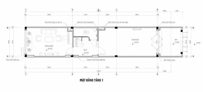 Ảnh 7: Bản vẽ tầng 1 của mẫu thiết kế nhà mặt tiền 3m 