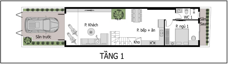 Bản vẽ tầng trệt mẫu nhà rộng 5m dài 20m 2 tầng 