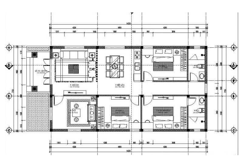 Bản vẽ chi tiết cho mẫu nhà 3 phòng ngủ 