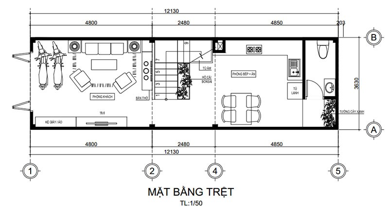 Bản vẽ thiết kế nhà ở 1 tầng 50m2 