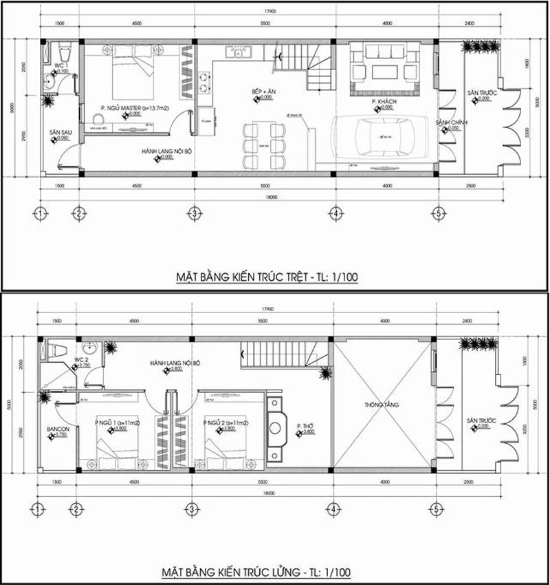 Bản vẽ nhà 1 tầng có gác lửng với diên tích 5x20m 