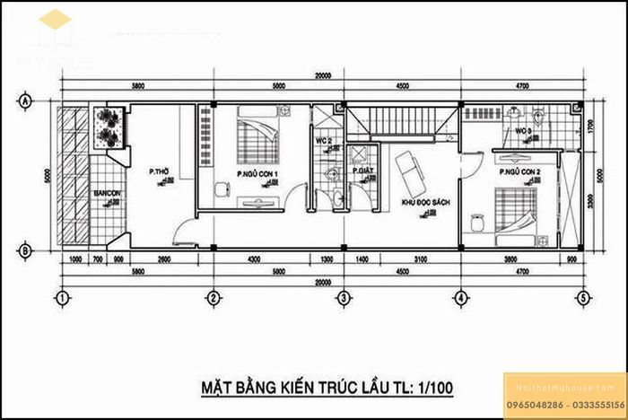 Bản vẽ thiết kế nhà ống 2 tầng 5x20m