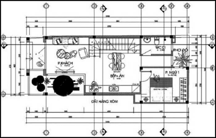 bản vẽ thiết kế nhà 2 tầng 3 phòng ngủ 60m2 tầng một
