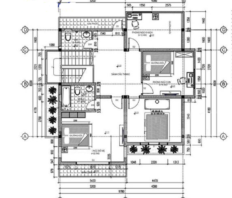 Ban Ve Thiet Ke Nha 2 Tang 8x9m Mai Nhat 4 Phong Ngu 2