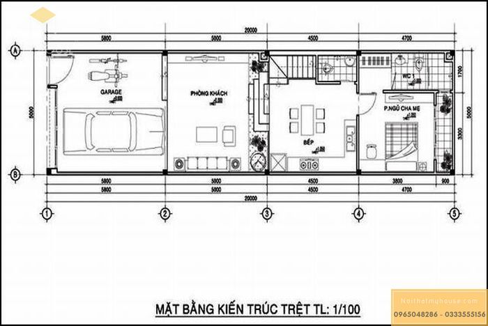 Bản vẽ thiết kế nhà ống 2 tầng 5x20m