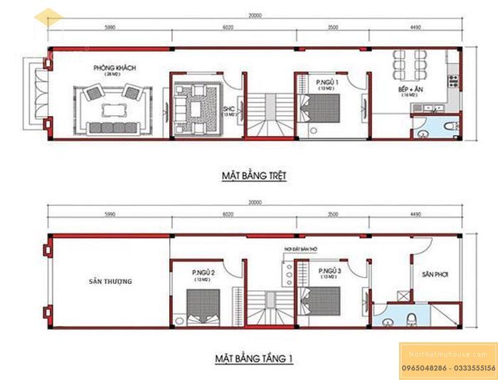 Bản vẽ thiết kế nhà ống 2 tầng 1 tum