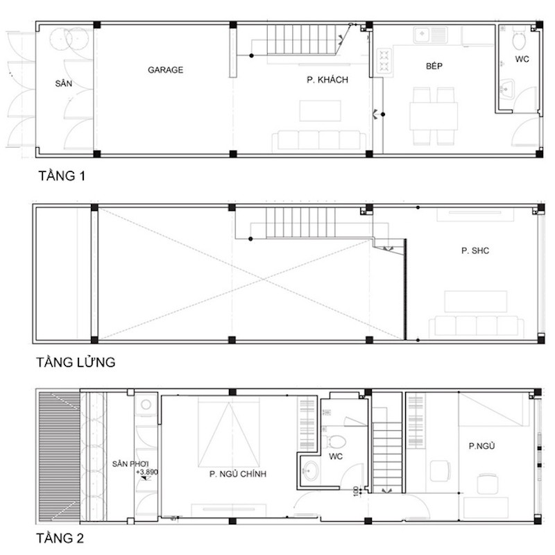 Bản vẽ nhà 30m2 3 tầng có sân vườn 