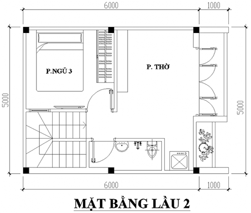 Bản vẽ dành cho gia đình cần 3 phòng ngủ và 1 phòng thờ 