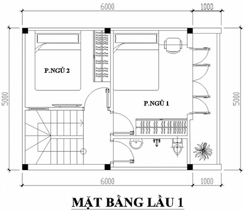 Tầng 2 mẫu nhà 30m2 3 phòng ngủ 