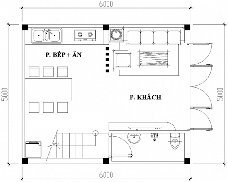 Tầng 1 mẫu nhà 30m2 3 phòng ngủ 