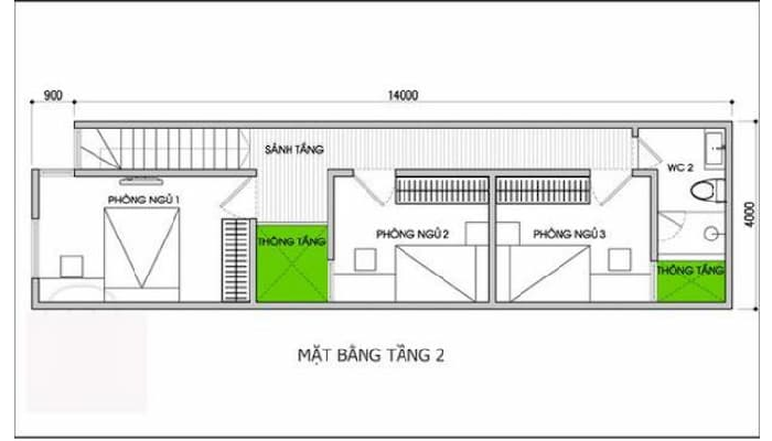 Bản vẽ thiết kế nhà ống 2 tầng 4x12m tầng 2