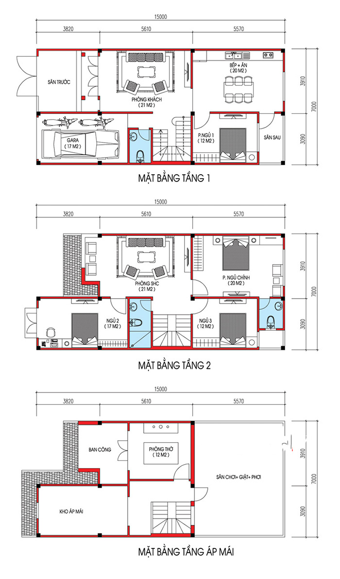 Bản vẽ bố trí nội thất nhà ngang 7m 3 tầng