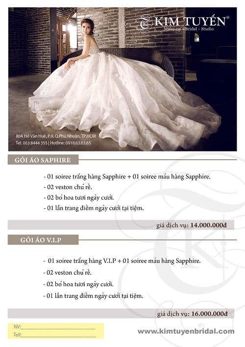 Bảng giá dịch vụ ngày cưới của Kim Tuyến Bridal