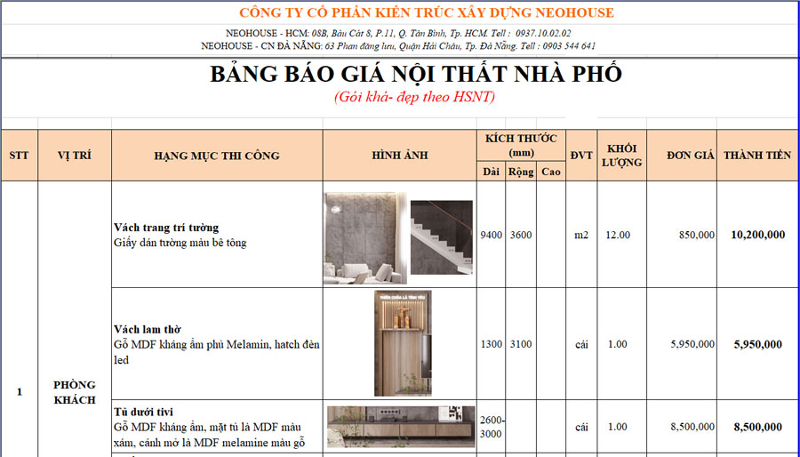 Báo giá thi công nội thất nhà phố