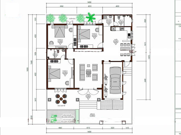 Bản vẽ mặt bằng mẫu nhà biệt thự 1 tầng 3 phòng ngủ mái thái đẹp, hiện đại