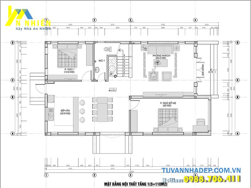 mặt bằng tầng 1 nhà 2 tầng 110m2