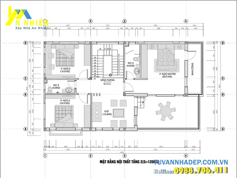 mặt bằng tầng 2 nhà 2 tầng 110m2