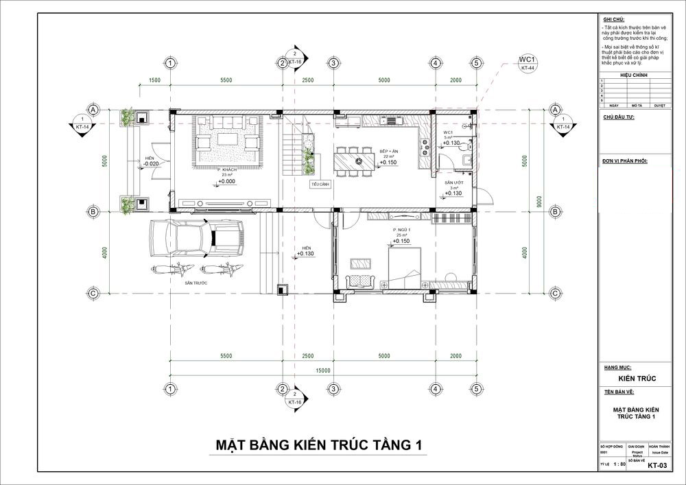 Mặt bằng công năng tầng 1 của biệt thự diện tích 9 x 15m