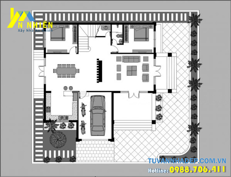 mặt bằng tầng 1 nhà 2 tầng 400m2