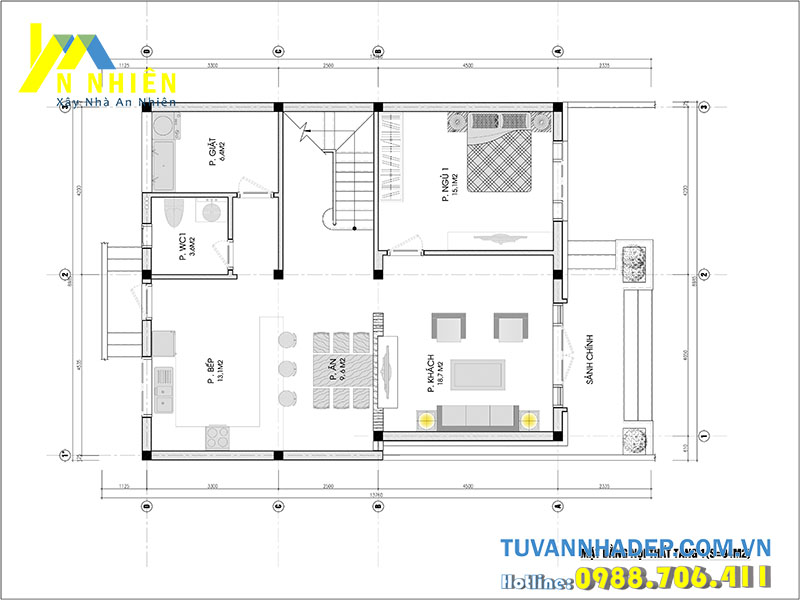 mặt bằng tầng 1 biệt thự 2 tầng ngang 9m hiện đại