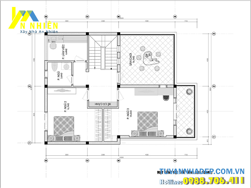 mặt bằng tầng 2 biệt thự 2 tầng ngang 9m