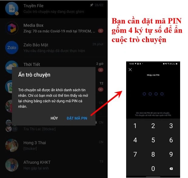 Nhập mã pin 4 số cho cuộc trò chuyện ẩn