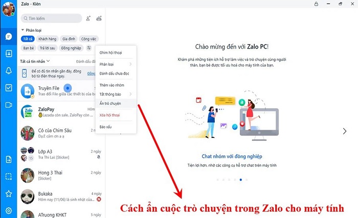 cách ẩn cuộc trò chuyện trên Zalo