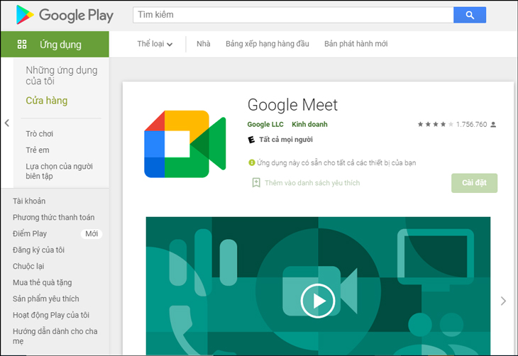 Truy cập trang tải ứng dụng Google Meet