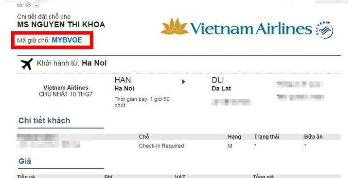 Mã đặt chỗ của hãng Vietnam Airlines