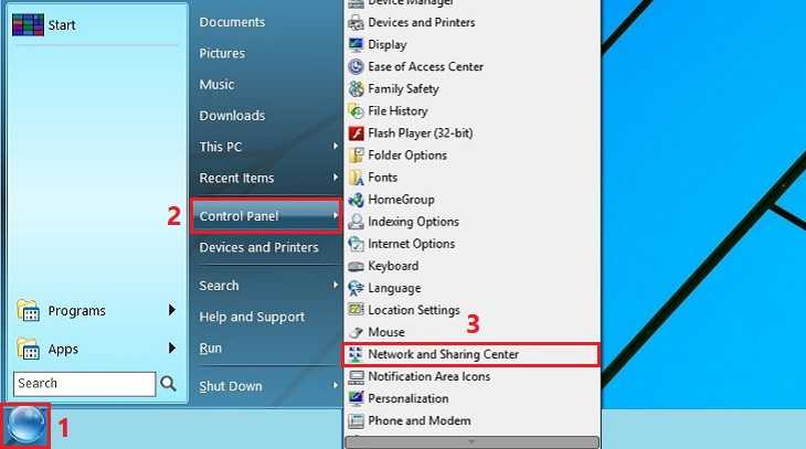 Tại menu Start và tại mục Control Panel, bạn chọn Network and Sharing Center
