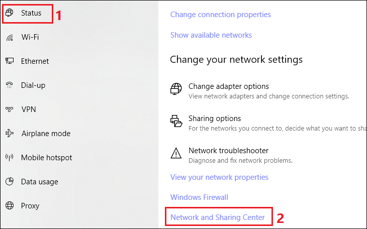 Bạn mở Settings, tại thẻ Status chọn Network and Sharing Center