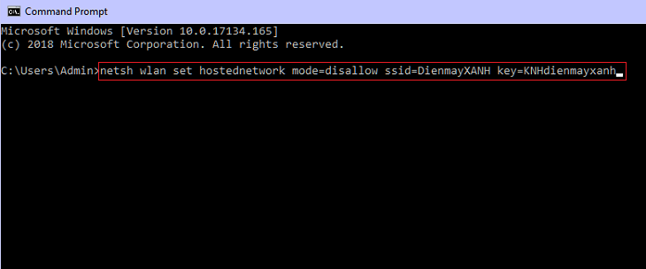 bạn nhập vào Command Prompt: netsh wlan set hostednetwork mode=disallow ssid=ten_wifi key=mat_khau