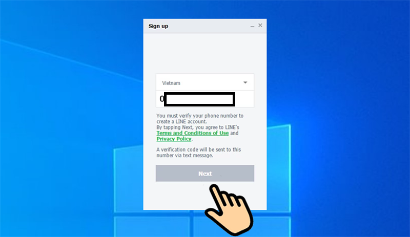 Bước 3: Tiếp theo, chọn quốc gia là Việt Nam. Và nhập số điện thoại di động và bấm Next.