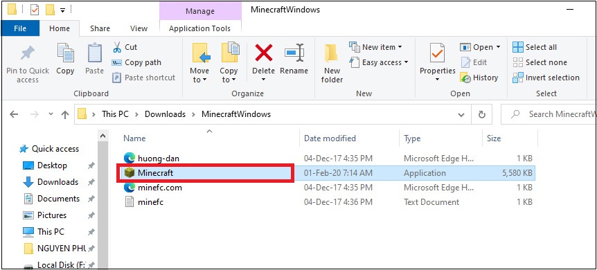 Bước 3: Sau khi tải về, bạn hãy giải nén thư mục game và mở ứng dụng Minecraft.exe.