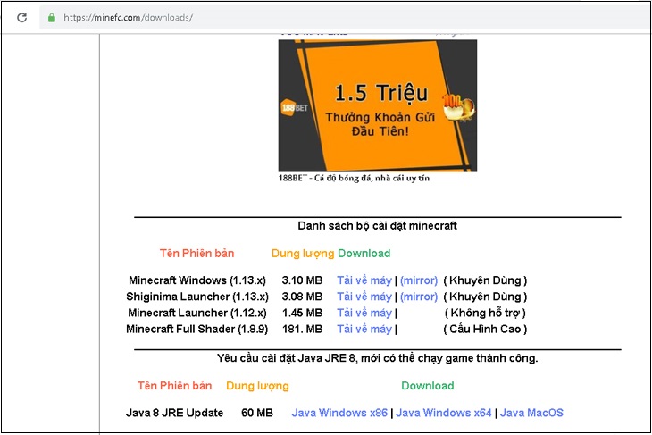 Bước 2: Chọn phiên bản Minecraft bạn muốn và bấm Tải về máy