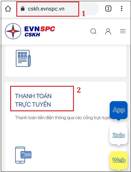 Truy cập vào website Điện lực