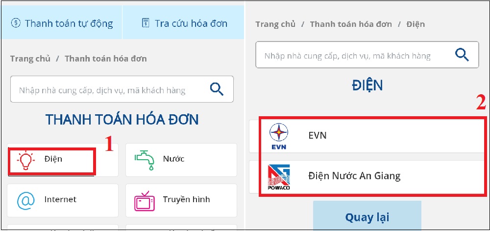 Chọn Điện và Nhà cung cấp