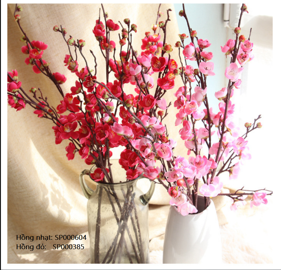 Cành cây Hoa đào giả đẹp trang trí ngày tết màu hồng đỏ size lớn Cành cây Hoa đào giả đẹp trang trí ngày tết tươi tắn may mắn