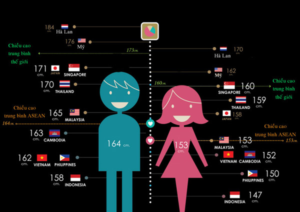 Chiều cao trung bình các nước Đông Nam Á