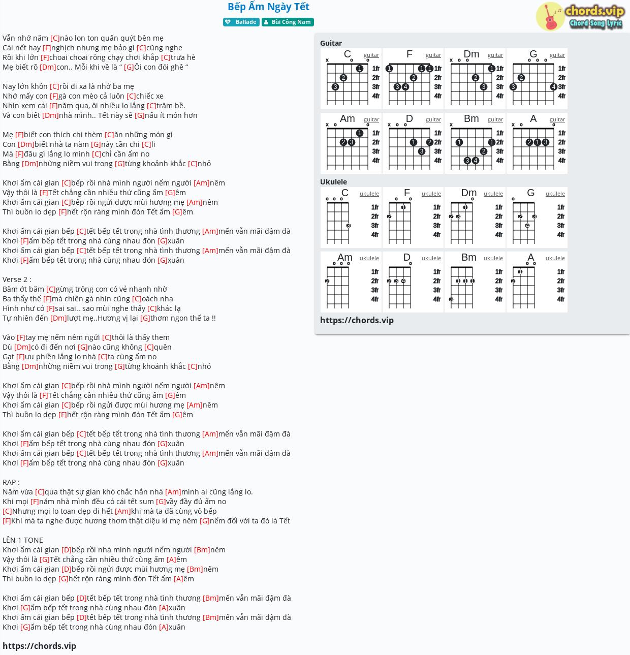Hợp âm: Bếp Ấm Ngày Tết - Bùi Công Nam - cảm âm, tab guitar, ukulele - lời bài hát | chords.vip