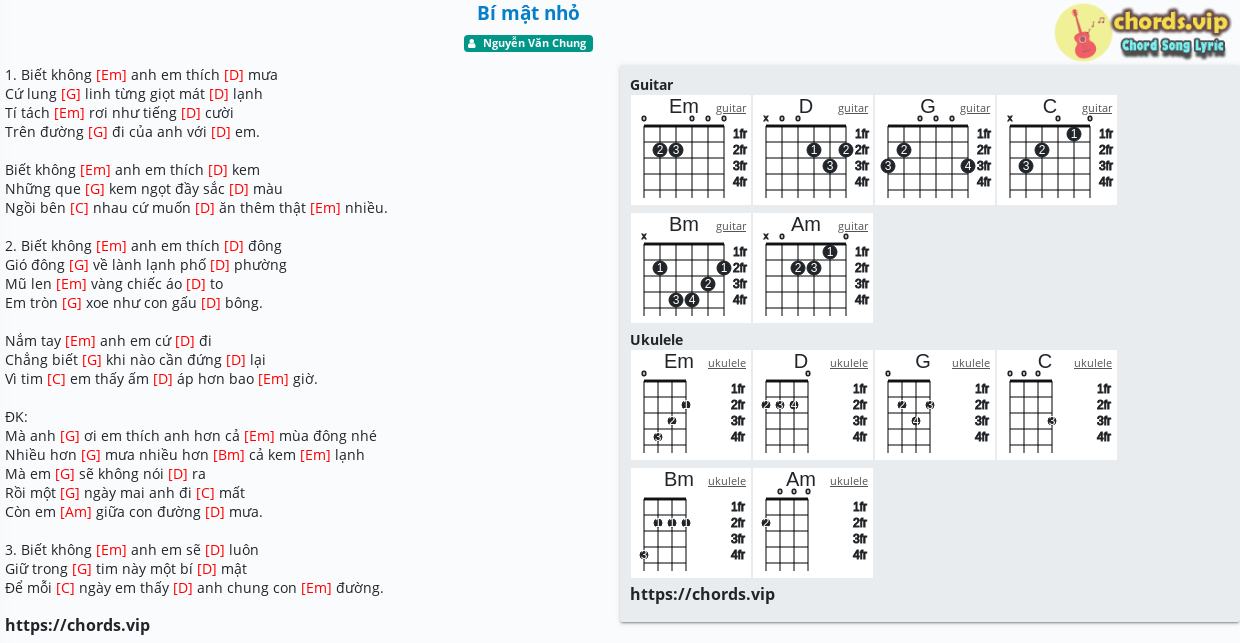 Hợp âm: Bí mật nhỏ - Nguyễn Văn Chung - cảm âm, tab guitar, ukulele - lời bài hát | chords.vip