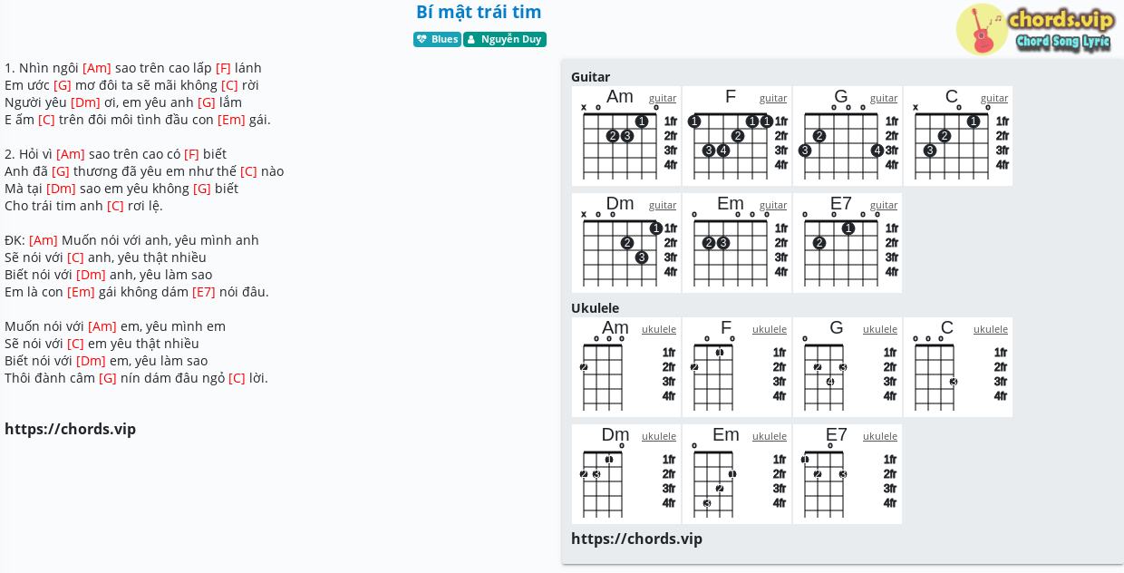 Hợp âm: Bí mật trái tim - Nguyễn Duy - cảm âm, tab guitar, ukulele - lời bài hát | chords.vip