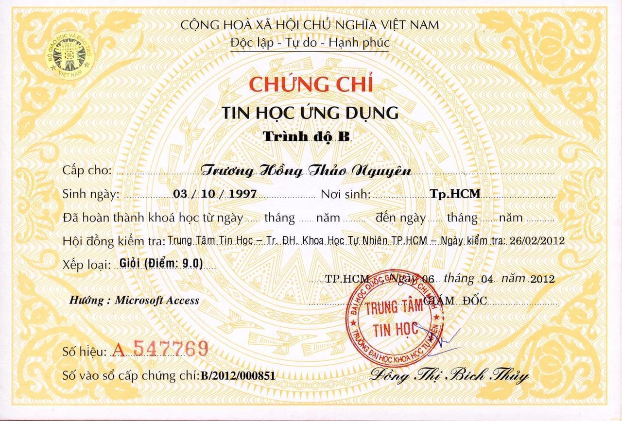 chứng chỉ B tin học dịch sang tiếng anh