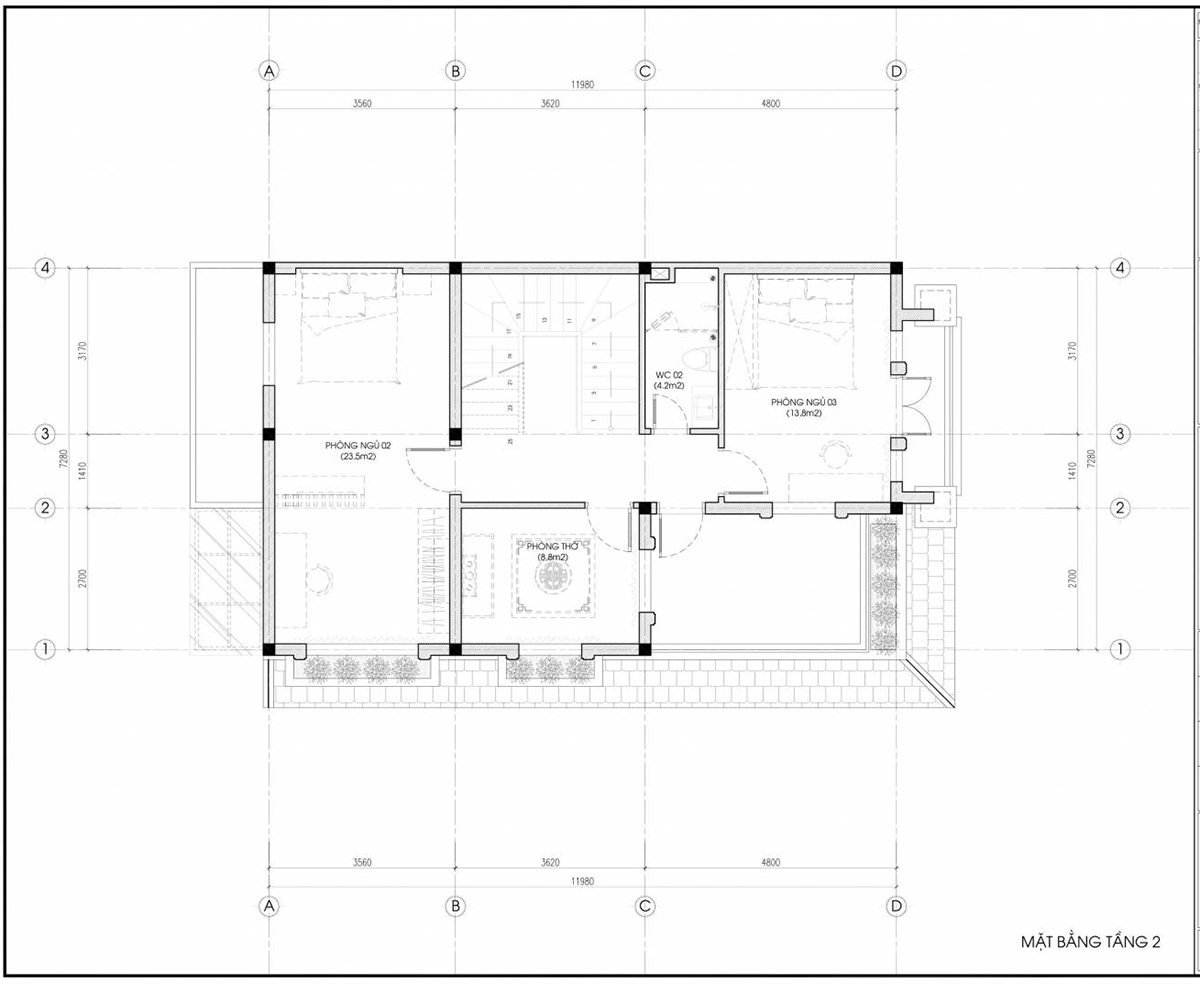 Mặt bằng bố trí công năng nhà 2 tầng mái Nhật