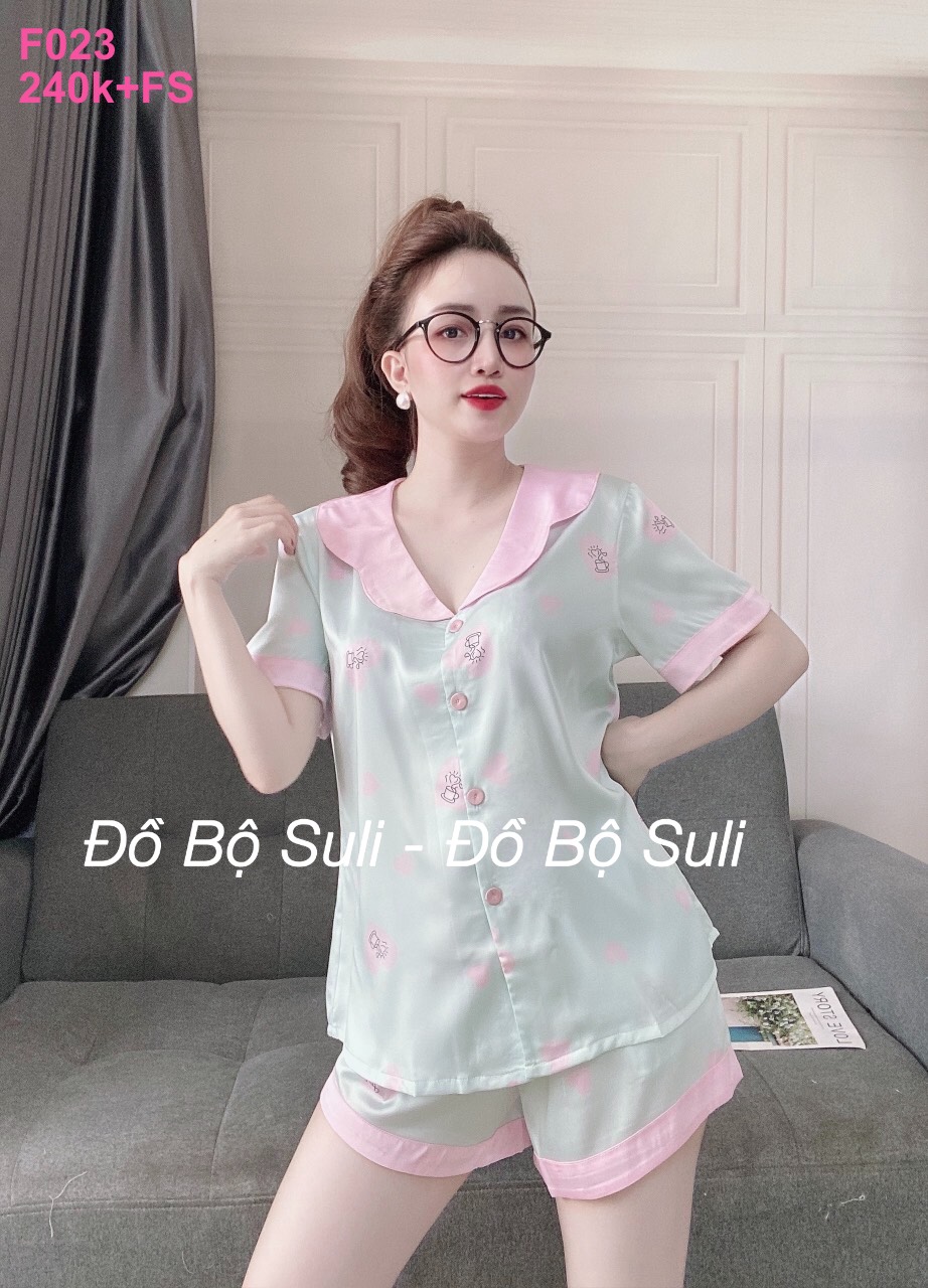 Pijama lụa tơ tằm màu xanh ngọc viền hồng